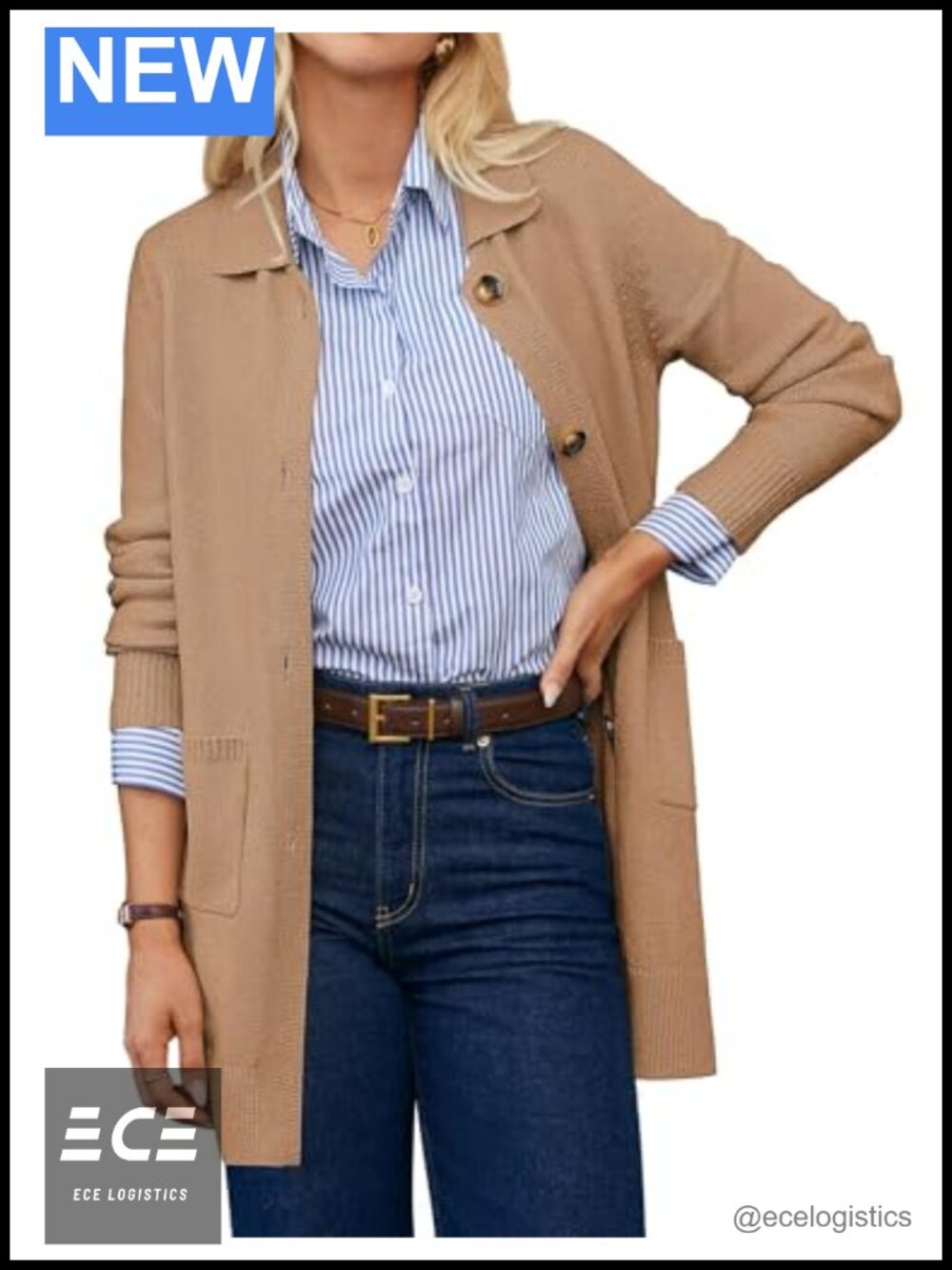 GRACE KARIN Long Cardigan Sweater Button Collar Pockets 3/4 Sleeve Fall Layer